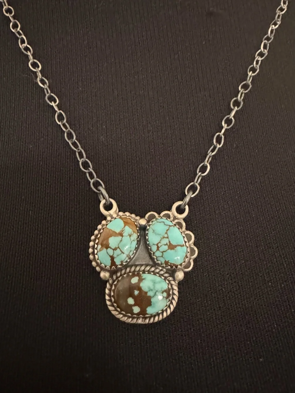 Sterling Silver genuine Turquoise Triple Stone Pendant native design- Blue Brown